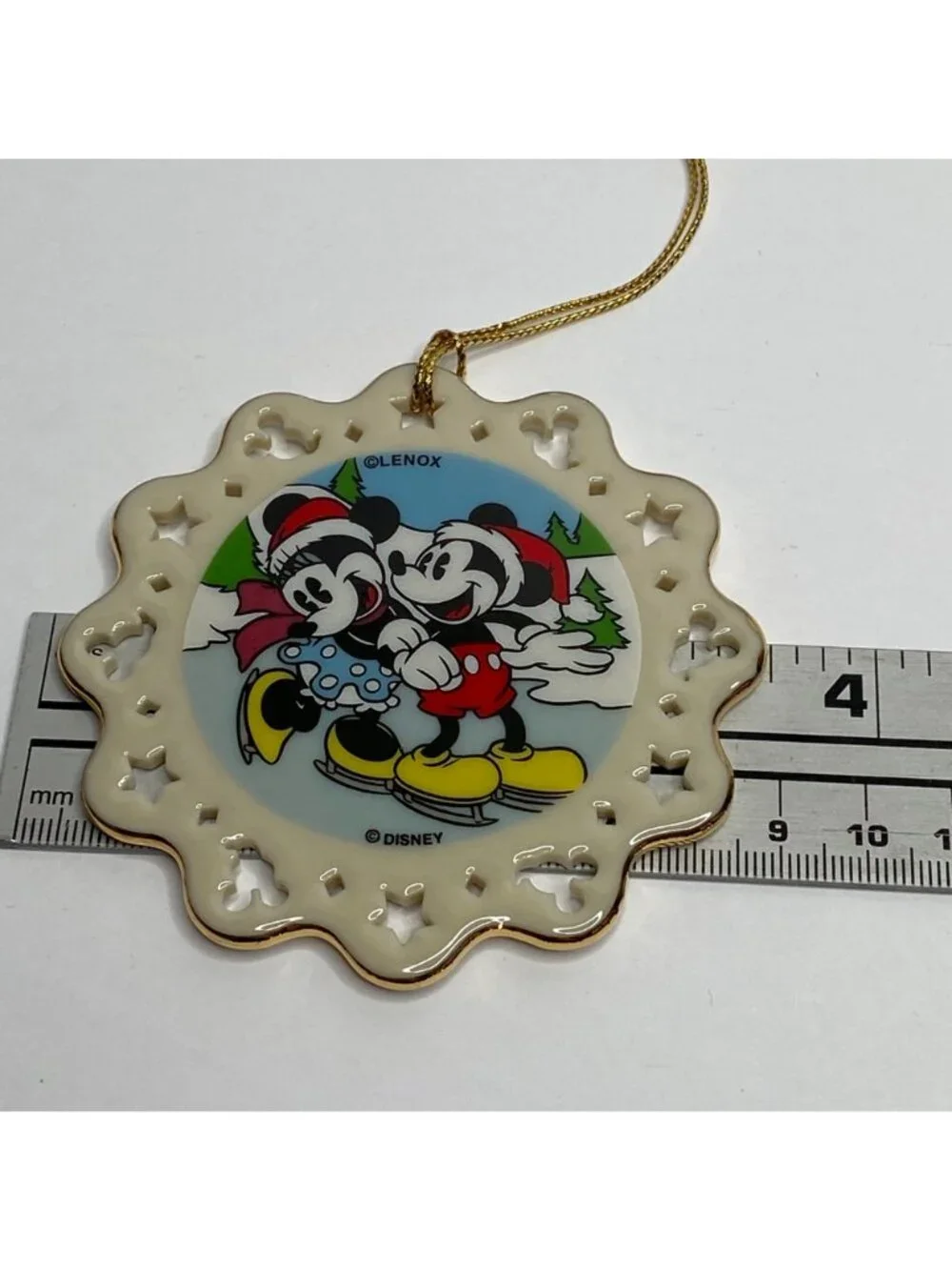 Lenox Mickey Co Christmas Ornament Gold Tassle Mickey Minnie Skating White Stars